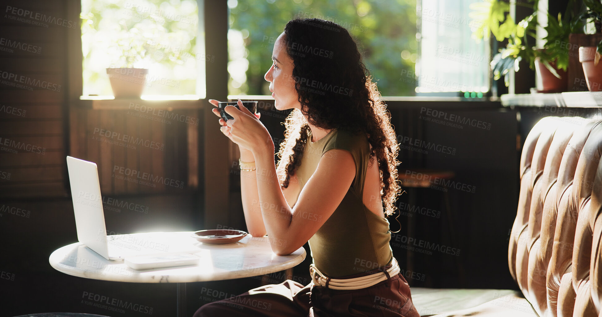 Buy stock photo Remote work, thinking and woman in coffee shop with laptop for social media, campaign or project. Freelancer, reflection or person in cafe with drink, post idea or inspiration for marketing with tech