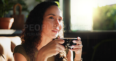 Buy stock photo Break, drink and thinking with happy woman in coffee shop for morning or weekend hospitality. Cup, inspiration and vision with customer person in restaurant cafe for future, ideas or planning
