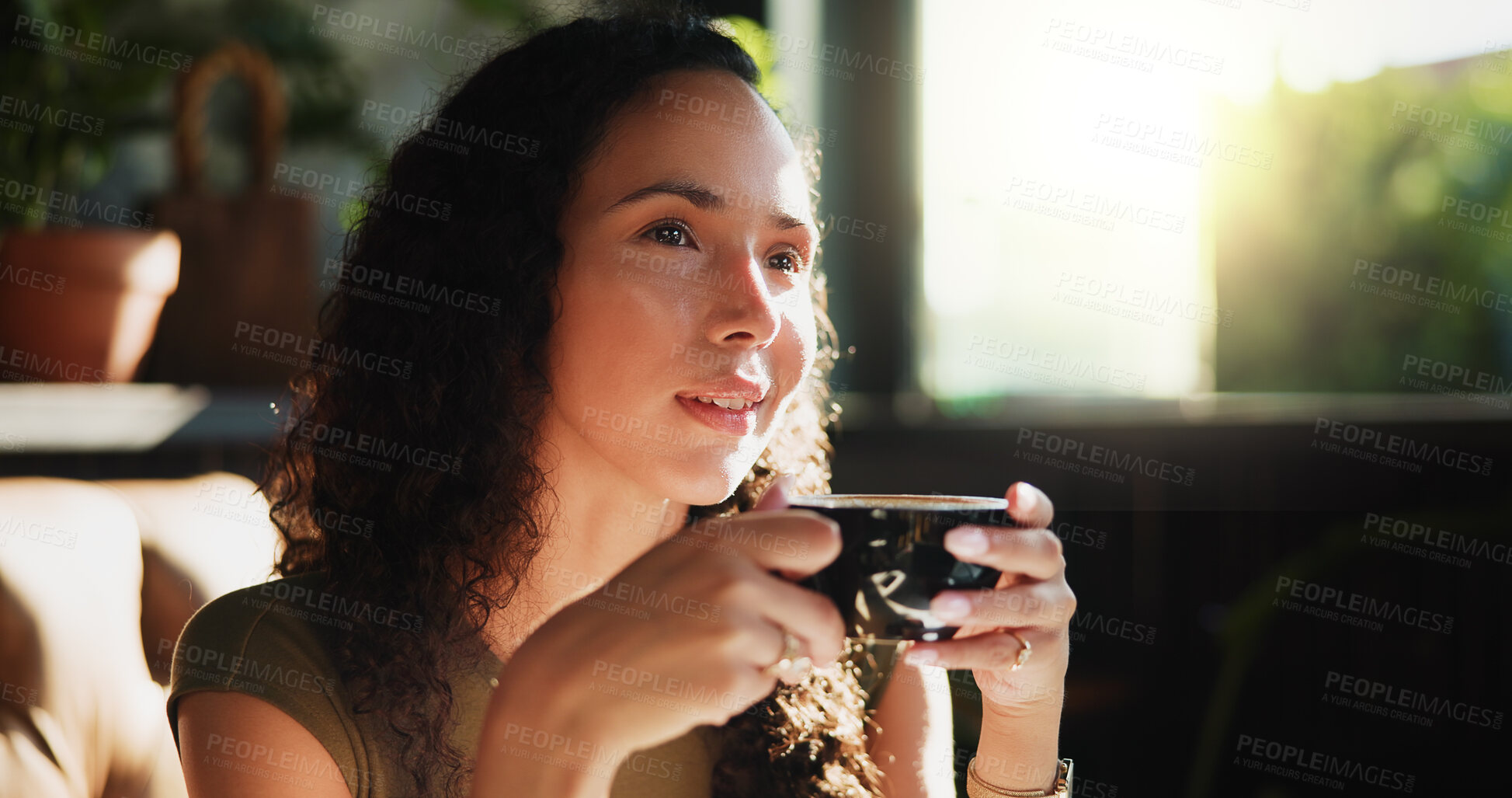 Buy stock photo Break, drink and thinking with happy woman in coffee shop for morning or weekend hospitality. Cup, inspiration and vision with customer person in restaurant cafe for future, ideas or planning