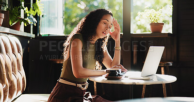 Buy stock photo Frustrated, woman and headache with laptop in cafe for mistake, remote work or stress. Tired, female person or freelancer with migraine or fatigue on computer for deadline or pressure in coffee shop