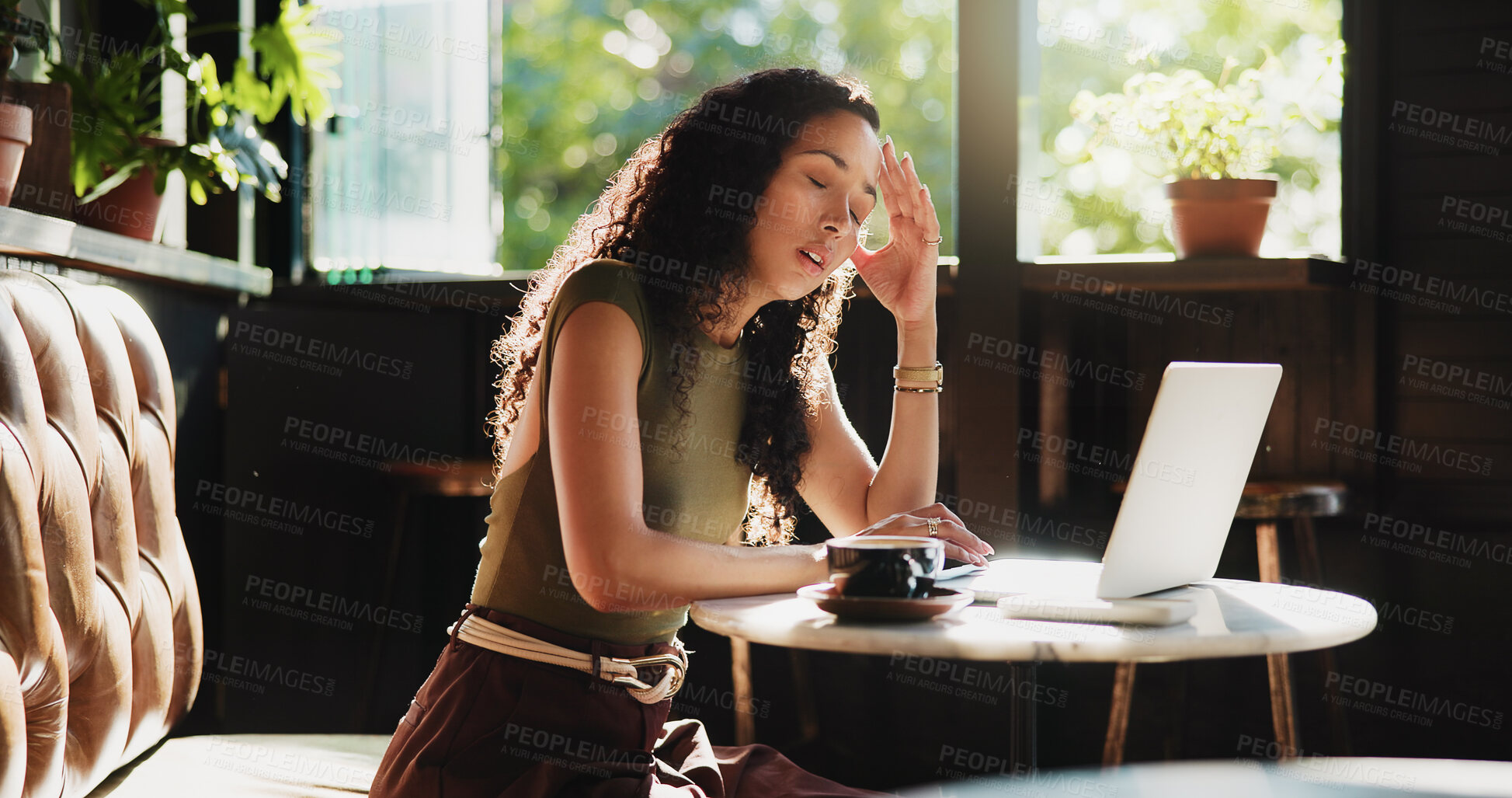 Buy stock photo Frustrated, woman and headache with laptop in cafe for mistake, remote work or stress. Tired, female person or freelancer with migraine or fatigue on computer for deadline or pressure in coffee shop