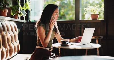 Buy stock photo Woman, laptop and cafe with phone call for discussion, communication or conversation. Female person, freelancer or journalist talking with mobile smartphone, app or computer for chat in coffee shop