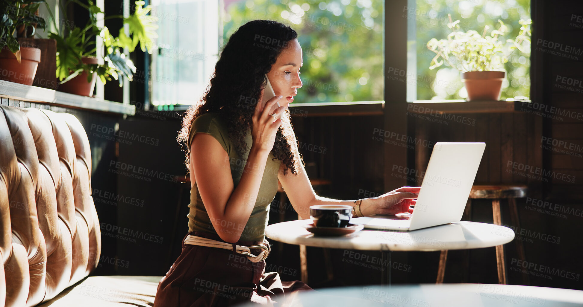 Buy stock photo Woman, laptop and cafe with phone call for discussion, communication or conversation. Female person, freelancer or journalist talking with mobile smartphone, app or computer for chat in coffee shop