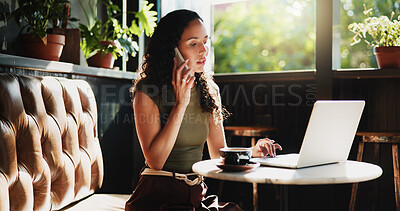 Buy stock photo Woman, phone call and laptop in cafe for remote work, trend research and conversation. Freelance person, tech and chat in coffee shop for project, communication or networking in small business