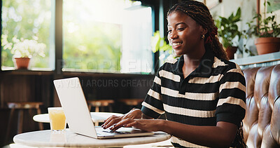 Buy stock photo Creative, project and woman with laptop in cafe, freelancer and typing article on web or copywriting. Online, blog and black person with tech for campaign, email marketing and remote work in shop