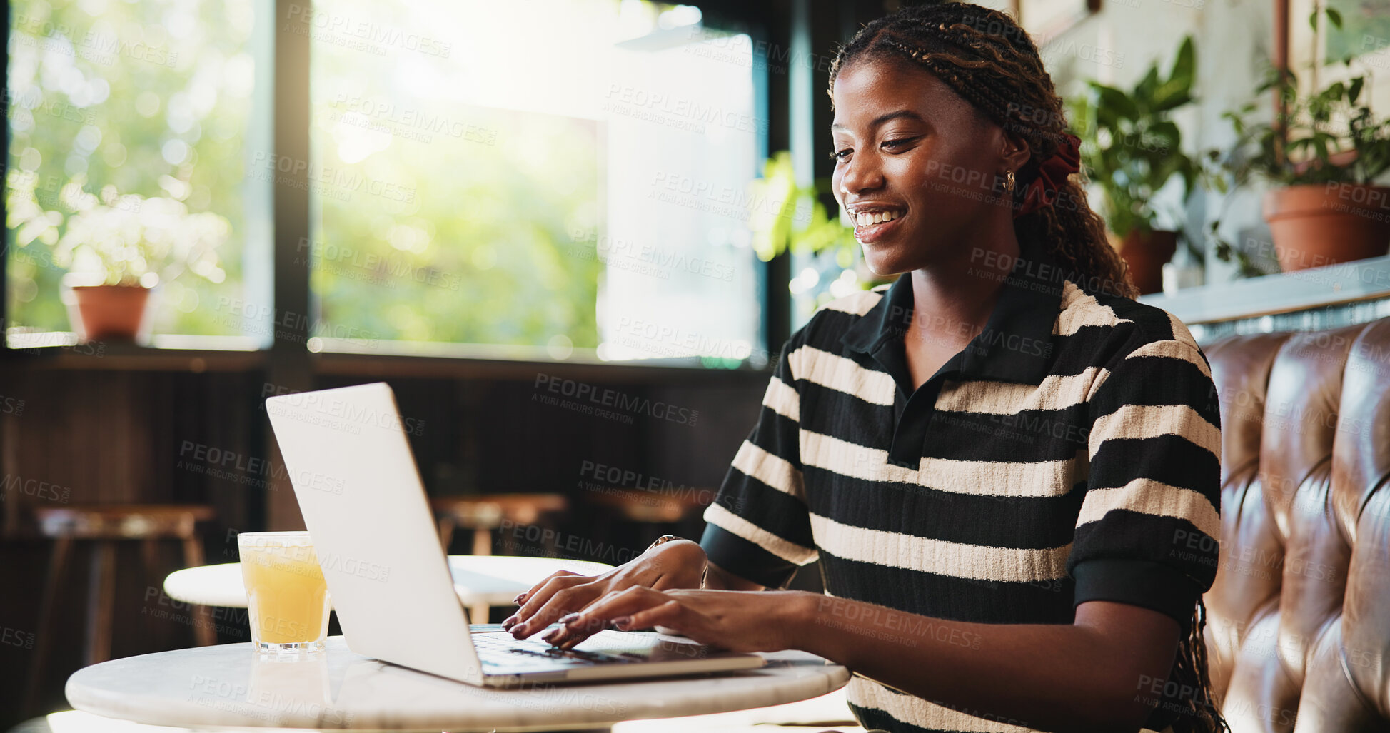 Buy stock photo Creative, project and woman with laptop in cafe, freelancer and typing article on web or copywriting. Online, blog and black person with tech for campaign, email marketing and remote work in shop