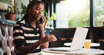 Buy stock photo Black woman, phone call and laptop in cafe for remote work, trend research and conversation. Person, tech and freelancer in coffee shop for project, communication or networking in small business