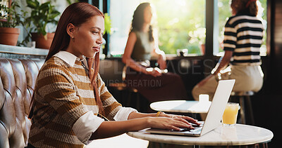 Buy stock photo Creative, woman and typing with laptop at cafe for remote work, proofreading and editor feedback. Journalist, freelancer and pc for editing article, copywriting report and draft update for submission