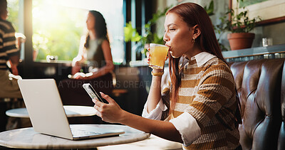 Buy stock photo Woman, phone and drink in cafe for remote work, trend research and conversation. Freelance person, laptop and texting in coffee shop for project, communication or social networking in small business
