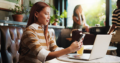 Buy stock photo Creative, smartphone and woman with laptop in cafe, copywriting or research for freelance assignment. Person, reading and article review on mobile, email marketing and remote work in coffee shop