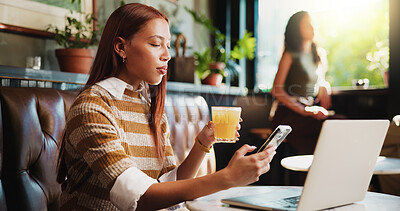 Buy stock photo Remote work, phone and woman in cafe, internet for social media and online submission. Orange juice, person and journalist in restaurant, pc and digital app for magazine subscription and network