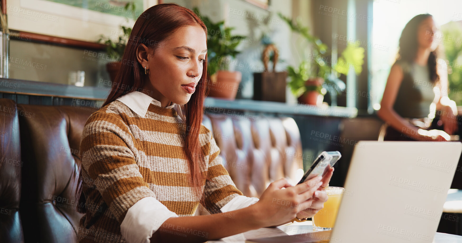 Buy stock photo Woman, phone and laptop in restaurant with remote work, email and social media marketing notification. Freelancer, person and typing in cafe with tech, mobile app and website for online advertising.