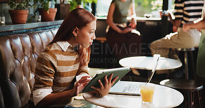 Buy stock photo Creative, woman and tablet with laptop at cafe for remote work, proofreading and editor feedback. Person, freelancer and editing article with tech, copywriting report and draft update for submission
