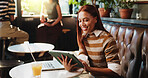 Creative, woman and reading with tablet at cafe for remote work, proofreading and editor feedback. Person, freelancer and editing article with tech, copywriting report and draft update for submission