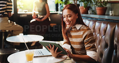 Buy stock photo Creative, woman and reading with tablet at cafe for remote work, proofreading and editor feedback. Person, freelancer and editing article with tech, copywriting report and draft update for submission