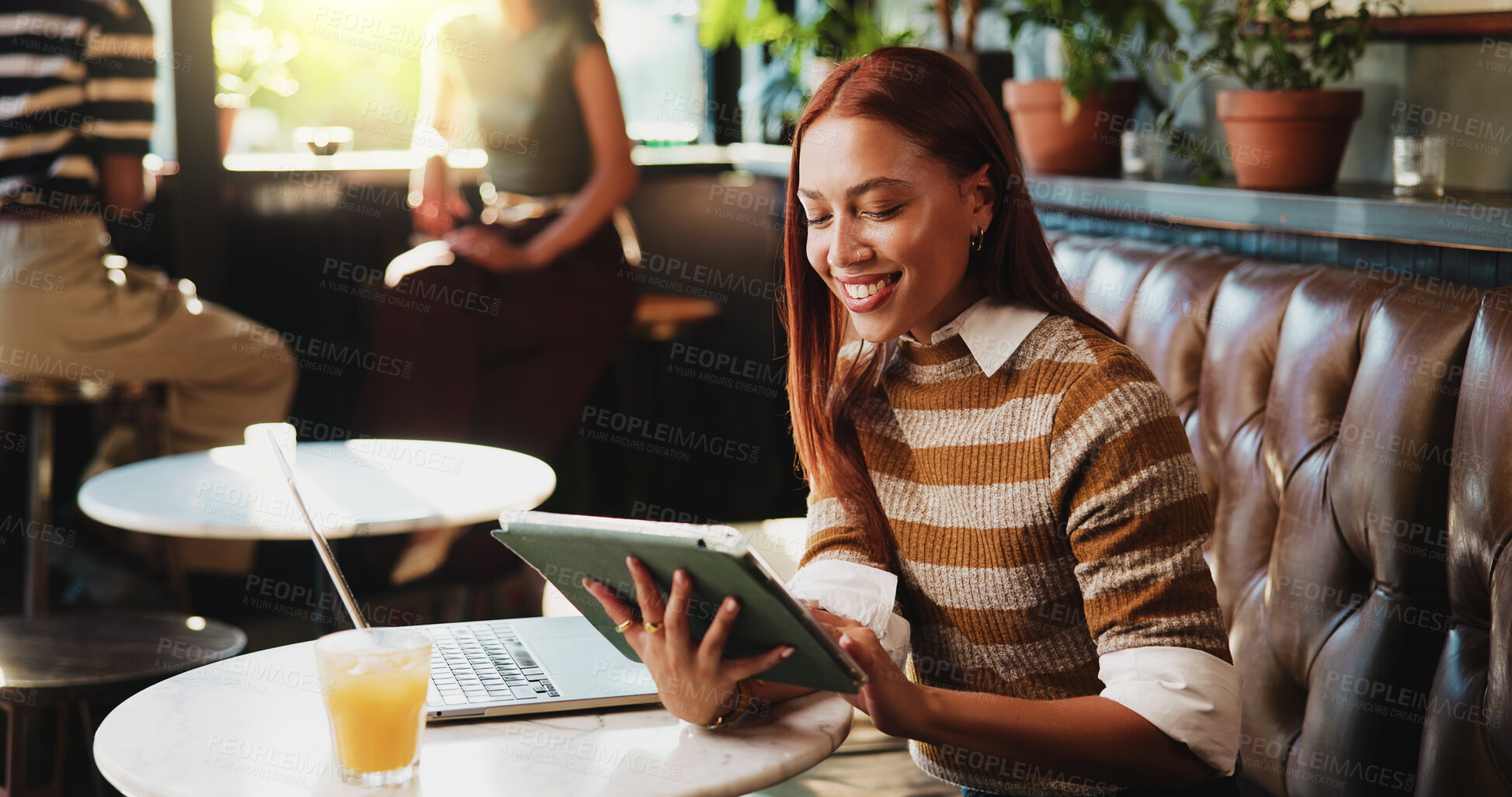 Buy stock photo Creative, woman and reading with tablet at cafe for remote work, proofreading and editor feedback. Person, freelancer and editing article with tech, copywriting report and draft update for submission