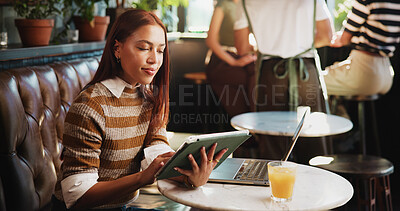 Buy stock photo Smile, woman and reading with tablet at cafe for remote work, proofreading and editor feedback. Journalist, freelancer or editing article with tech, copywriting report and draft update for submission