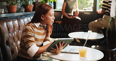 Buy stock photo Tablet, reading and woman with laptop in cafe, remote work and review audience engagement on article. Online feedback, freelance or writer with tech for planning, blog posting schedule or coffee shop