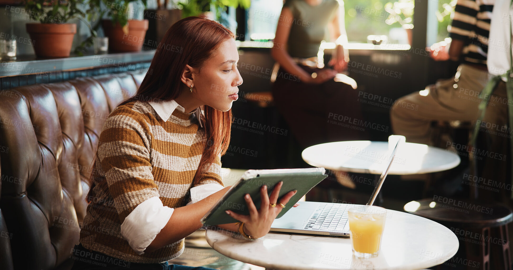 Buy stock photo Tablet, reading and woman with laptop in cafe, remote work and review audience engagement on article. Online feedback, freelance or writer with tech for planning, blog posting schedule or coffee shop