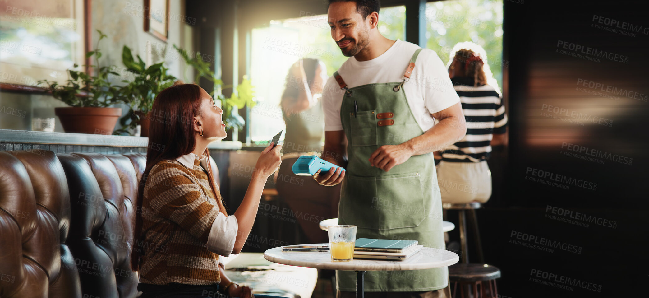 Buy stock photo Happy people, customer and waiter with pos machine in cafe for credit card payment or purchase. Man, woman or smile with NFC or debit for order, wireless transaction or banking app in coffee shop