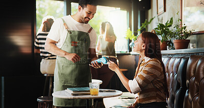 Buy stock photo Happy people, customer and waiter with pos machine in coffee shop for credit card payment. Man, woman or smile with NFC or debit for order, wireless transaction or banking in small business cafe