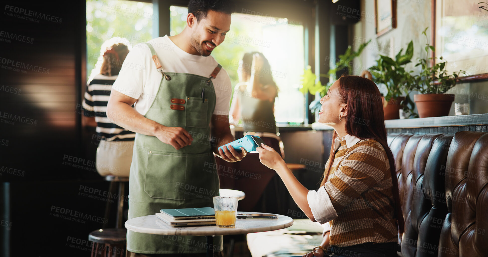 Buy stock photo Happy people, customer and waiter with pos machine in coffee shop for credit card payment. Man, woman or smile with NFC or debit for order, wireless transaction or banking in small business cafe