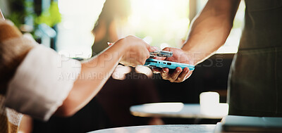 Buy stock photo Hands, credit card and waiter with pos at coffee shop, order or sale with customer experience at diner. People, server and tap with easy payment in cafe, fintech and machine with app at restaurant