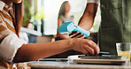 Hands, credit card and waiter with machine at coffee shop, order or sale with customer experience at diner. People, server and tap with easy payment in cafe, fintech and pos with bills at restaurant