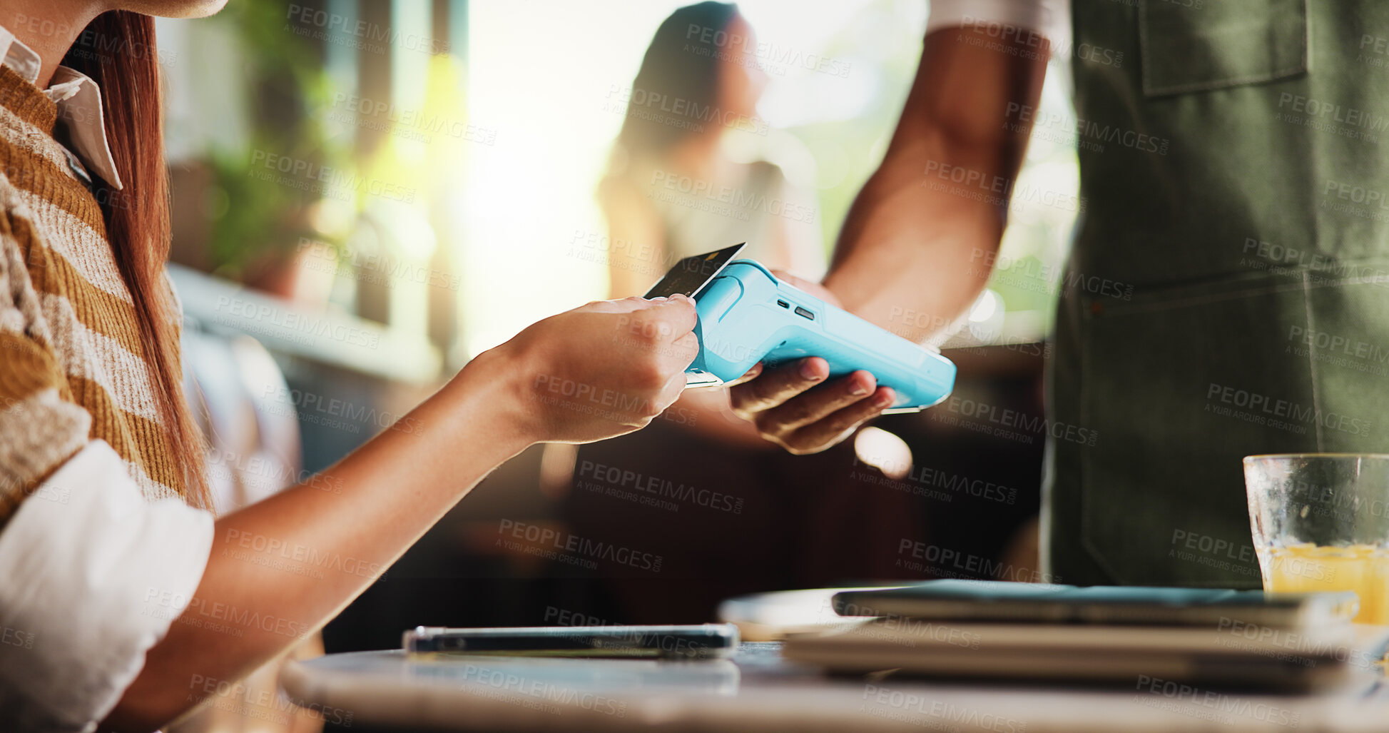 Buy stock photo Hands, credit card and waiter with machine at cafe, order or sale with customer experience at diner. People, server and tap with easy payment in coffee shop, fintech and pos with bills at restaurant