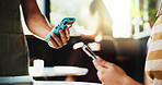 Hands, phone and waiter with machine at cafe, order or sale with customer experience at diner. People, server and tap with easy payment in coffee shop, fintech app and pos with bills at restaurant