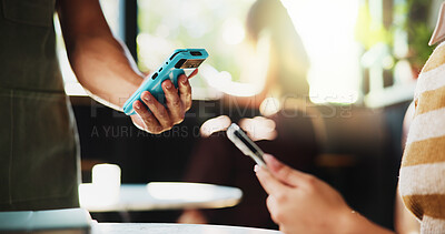 Buy stock photo Hands, phone and waiter with machine at cafe, order or sale with customer experience at diner. People, server and tap with easy payment in coffee shop, fintech app and pos with bills at restaurant