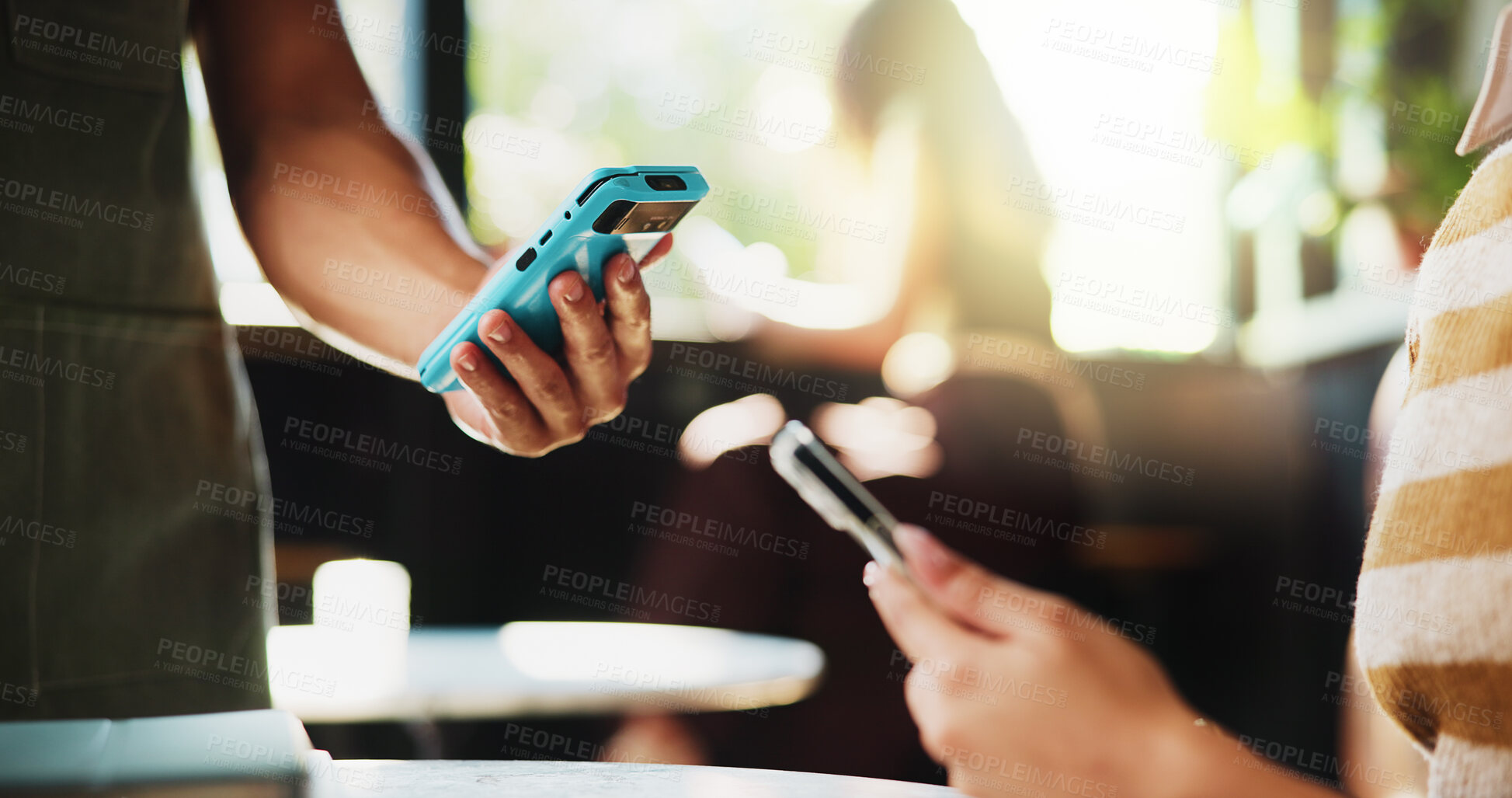 Buy stock photo Hands, phone and waiter with machine at cafe, order or sale with customer experience at diner. People, server and tap with easy payment in coffee shop, fintech app and pos with bills at restaurant