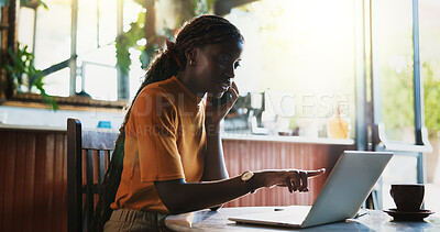 Buy stock photo Black woman, phone call and laptop in coffee shop for remote work, trend research and conversation. Person, tech and freelancer in cafe for project, social media or networking in small business