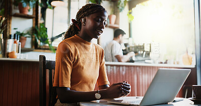 Buy stock photo Video call, laptop or black woman in cafe with earphones, startup pitch or online meeting in remote work. Happy, networking or freelancer with tech, small business feedback or virtual chat in bistro.