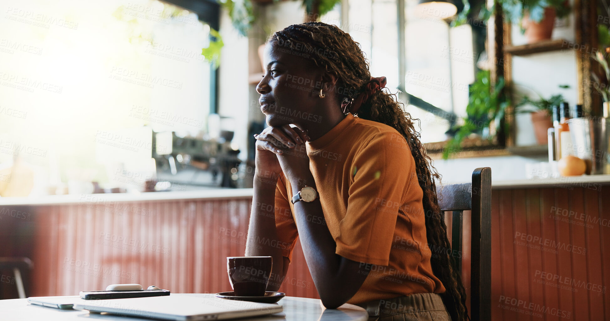 Buy stock photo Remote work, thinking and black woman in coffee shop with idea, creative thoughts or solution. Freelancer, reflection and person in cafe with inspiration in small business, planning or customer relax