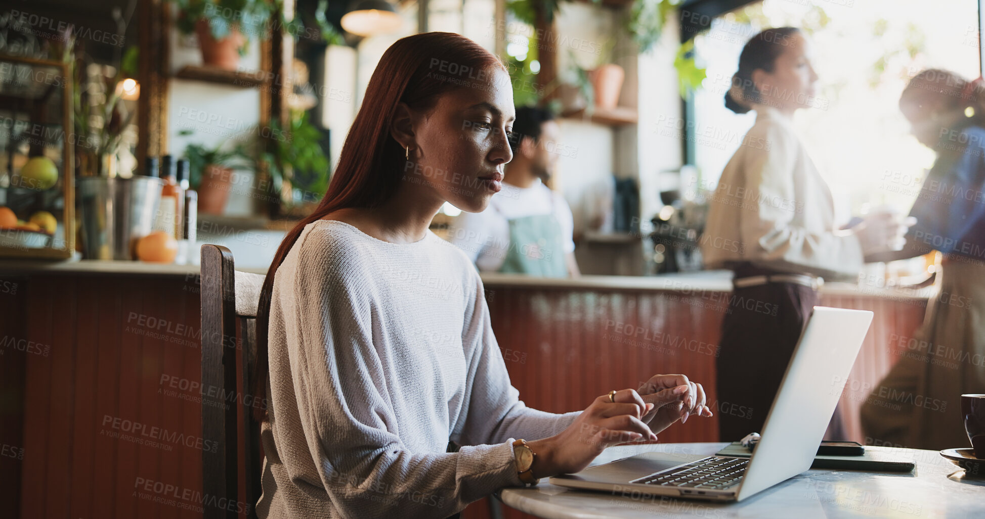 Buy stock photo Woman, freelancer and journalism with laptop in cafe for network, internet access or research. Female person, journalist or remote work with computer in coffee shop for online article or magazine