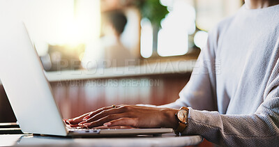 Buy stock photo Hands, creative and woman with laptop at cafe for remote work, proofreading and editor feedback. Person, freelancer and editing article with pc, copywriting report and confirm source for publication