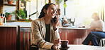 Woman, phone call and smile in coffee shop for support, conversation and lunch break. Female person, gossip and drink in cafe for bonding, communication and social networking in small business