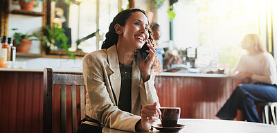 Buy stock photo Woman, phone call and smile in coffee shop for discussion, conversation and thinking. Female person, gossip and drink in cafe for speaking, communication and social networking in small business