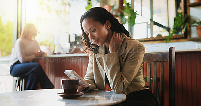 Buy stock photo Reading, phone and woman with break in coffee shop, check email notification or browsing job website. Cafe, freelancer platform and person with mobile for online application, research and internet