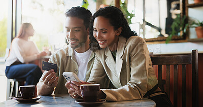 Buy stock photo Coffee, credit card and couple with phone in cafe with online shopping, ecommerce or order on app. Happy, warm beverage and man with woman on cellphone for purchase on website store in restaurant.