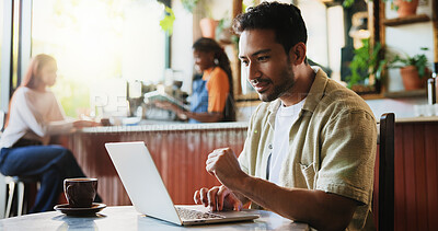 Buy stock photo Laptop, research and man in coffee shop with freelance career for cafeteria review on dining blog. Technology, warm beverage and restaurant critic with computer for online article with diner website.
