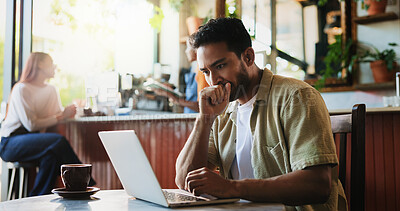 Buy stock photo Remote work, thinking and man in cafe with laptop for social media, campaign and project idea. Freelancer, planning and person in coffee shop with computer for post, marketing and reading review