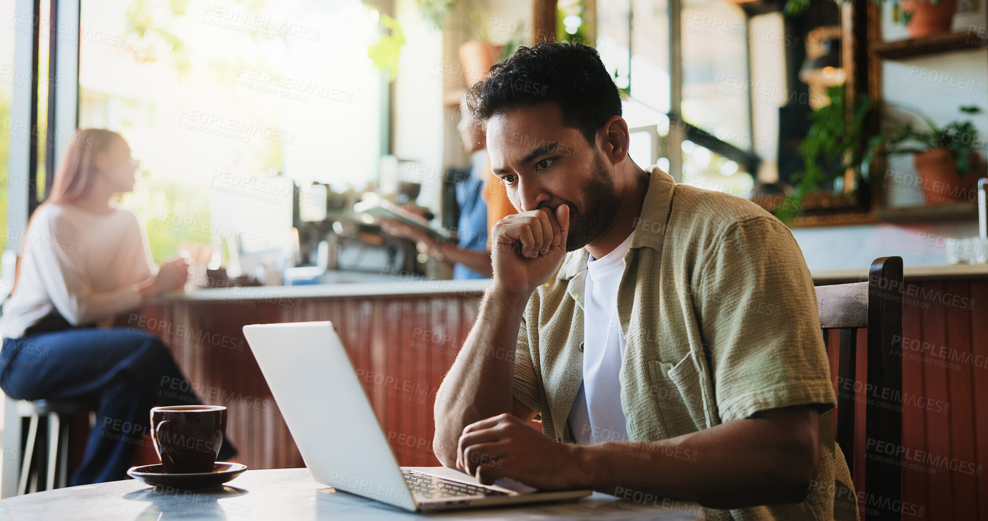 Buy stock photo Remote work, thinking and man in cafe with laptop for social media, campaign and project idea. Freelancer, planning and person in coffee shop with computer for post, marketing and reading review