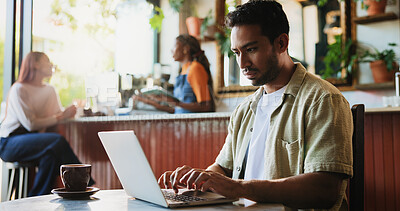 Buy stock photo Man, remote work and typing with laptop at cafe for research, proofreading and editor feedback. Person, freelancer and editing article with pc, copywriting report and confirm source for publication