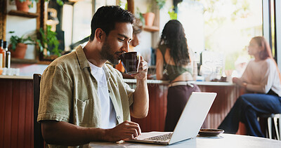 Buy stock photo Creative, man and coffee with laptop at cafe for remote work, proofreading and editor feedback. Freelancer, beverage and editing article with pc, copywriting report and confirm source for publication