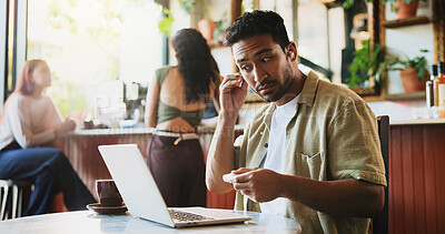 Buy stock photo Man, earphones and laptop in coffee shop for video, trend research and remote work. Person, audio tech and freelancer in cafe for project management, online tutorial or networking in small business