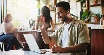 Buy stock photo Remote work, man and wave at laptop for video call, virtual lesson and language tutorial in cafe. Linguistics tutor, tech and online meeting in coffee shop for private consultation with earphones