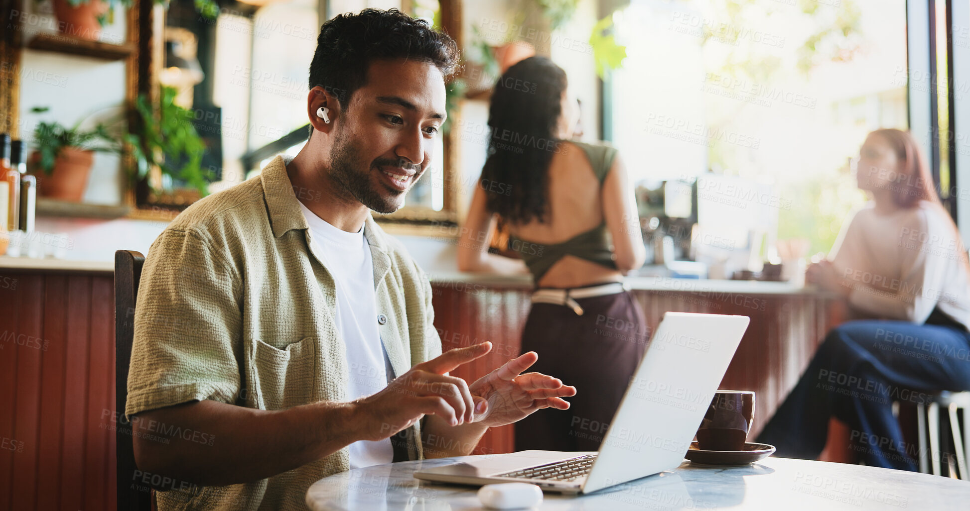 Buy stock photo Remote work, man and laptop in cafe for video call, virtual lesson and language tutorial on platform. Linguistics tutor, tech and online meeting in coffee shop for private consultation with earphones