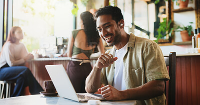 Buy stock photo Video call, laptop or man in cafe with earphones, startup pitch or online meeting in remote work. Happy, networking or freelancer with tech, small business feedback or virtual conversation in bistro.